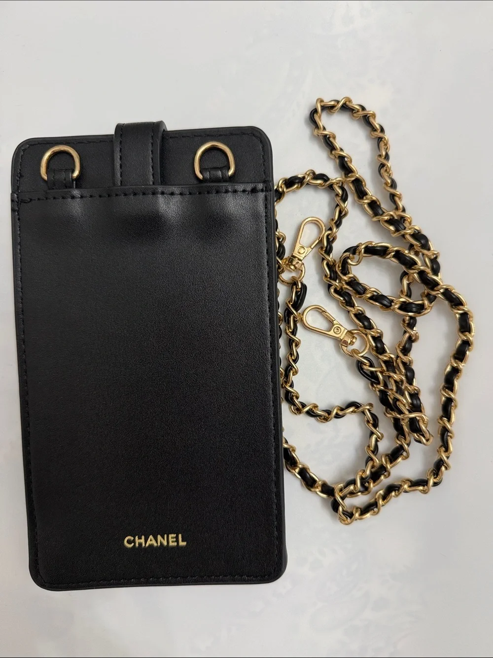 CHANEL Black Coco Crush Phone Case with Gold Chain